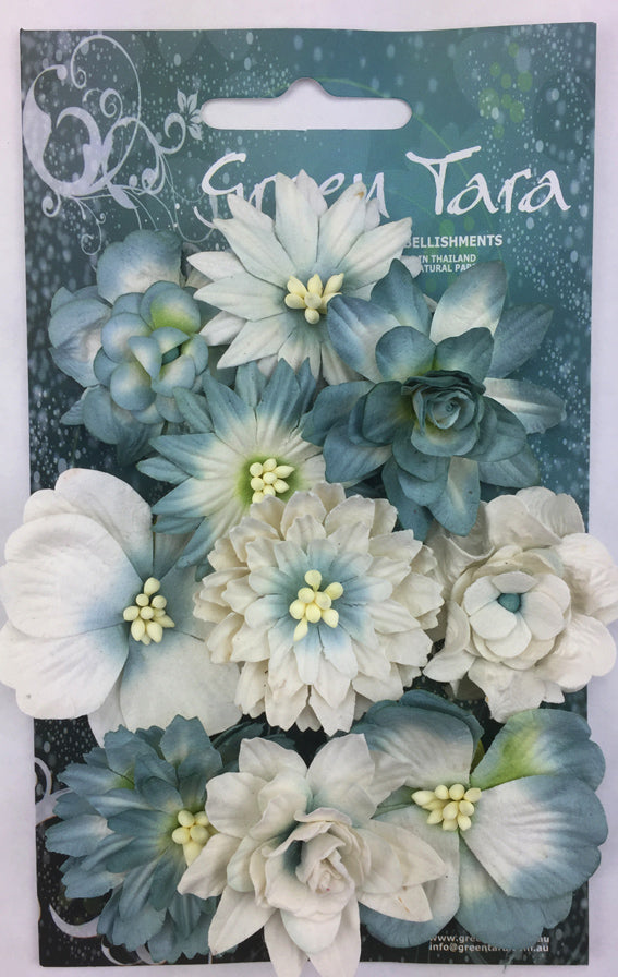 Assorted Cornflour  Paper Flowers  Blue tones